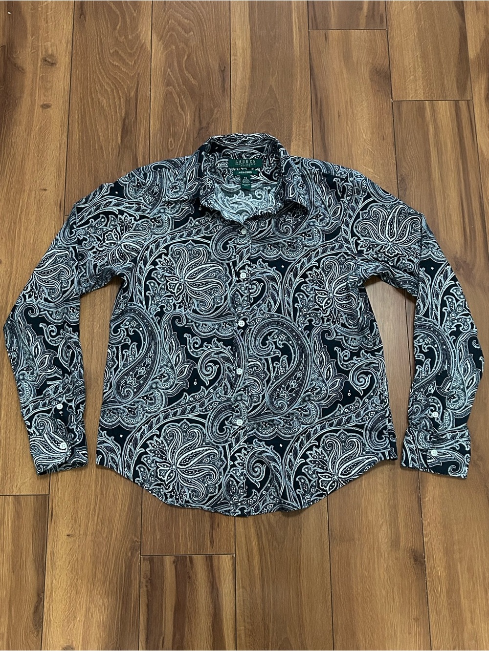 Lauren Ralph Lauren Petite PS Black & White Paisley Cotton Non-Iron Button-Up